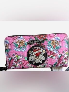 Ed Hardy Pink Tattoo-Print Wallet with Heart Crest Patch